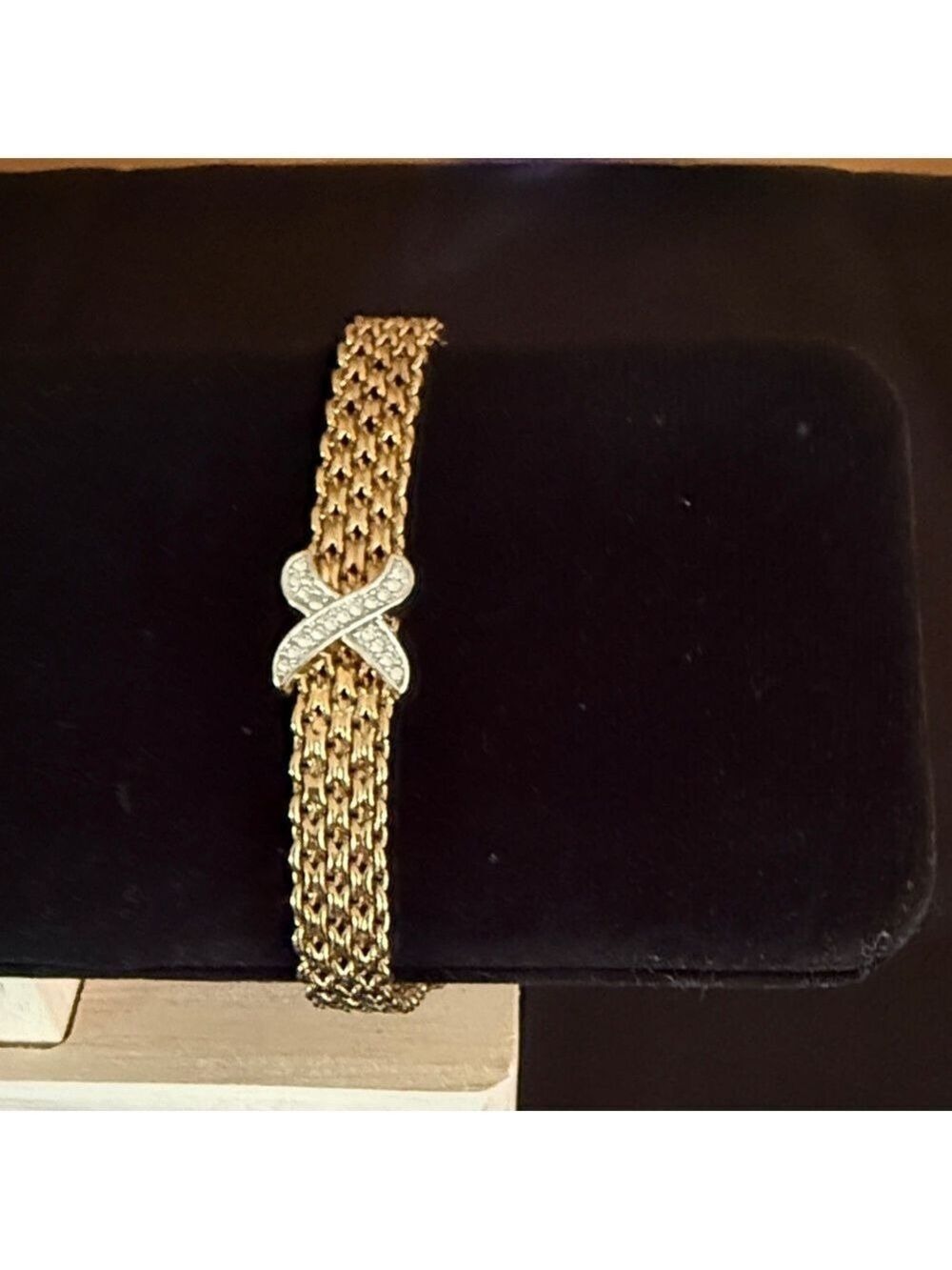 Gold tone mesh clear pave crystal hugs bracelet 7 inches
